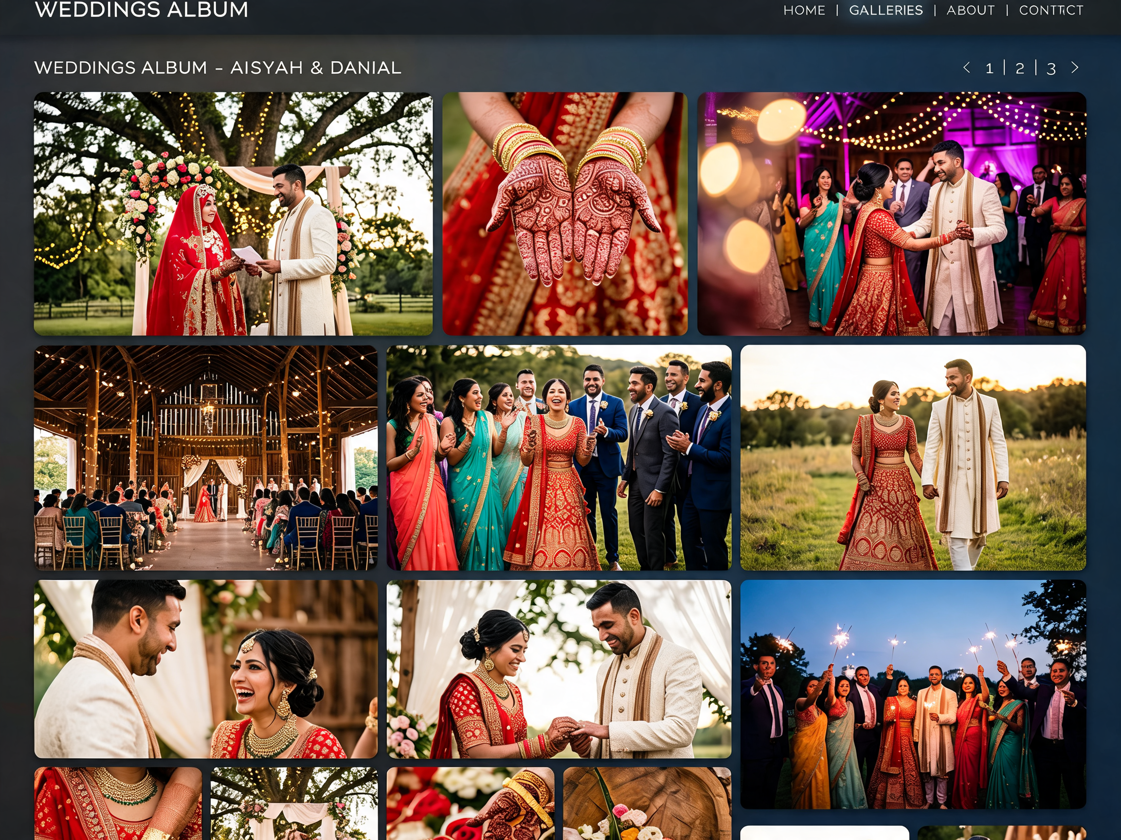 Aisyah & Danial wedding album — twelve guest-captured shots arranged in a navy gallery frame
