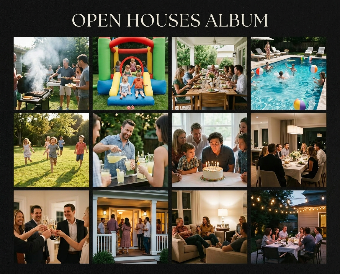 A Gatherly open-houses album mockup — BBQs, kids' parties, candlelit dinners, pool hangs tiled in one frame.