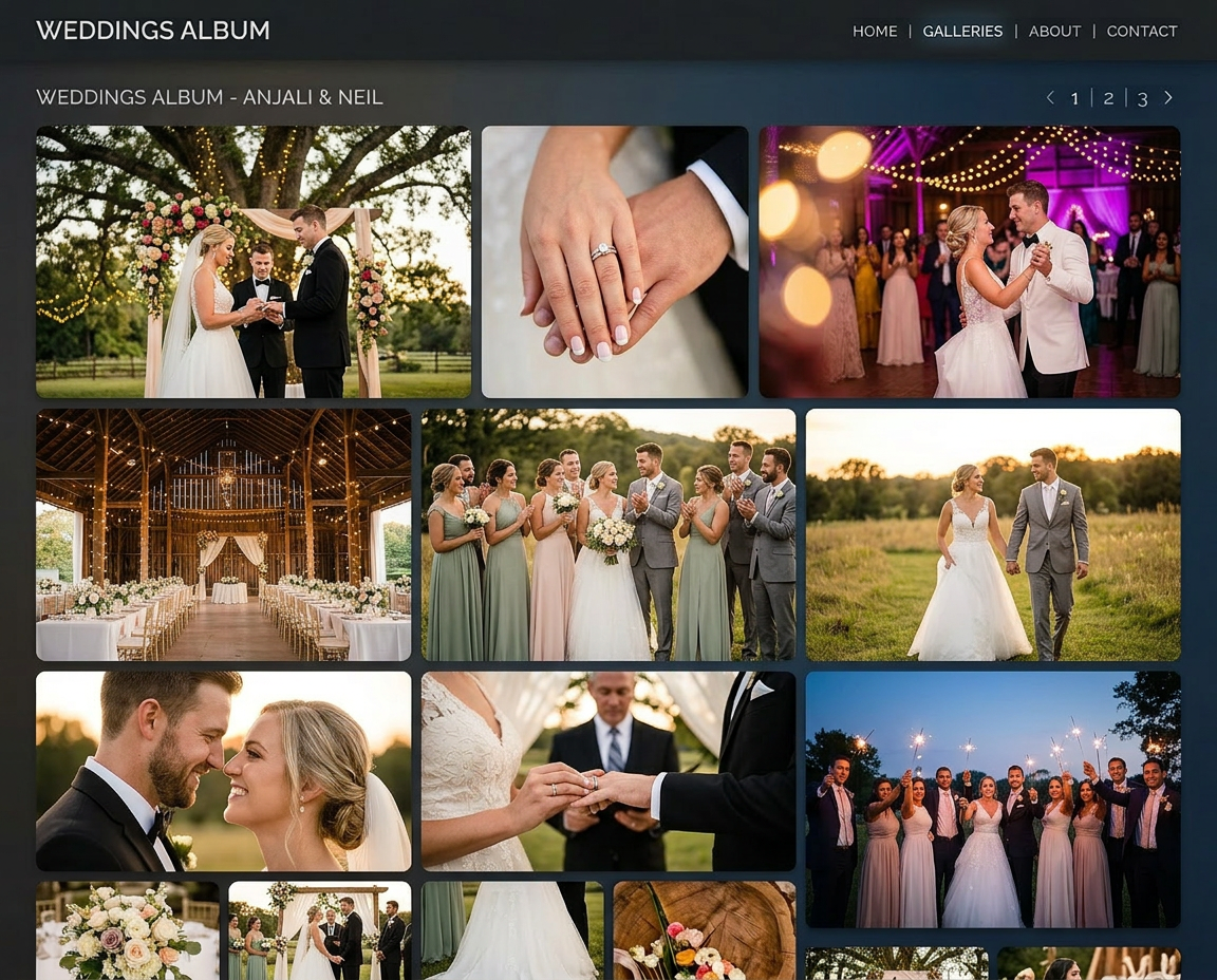 A Gatherly wedding album mockup — twelve real shots from a multi-day celebration tiled inside a navy frame.